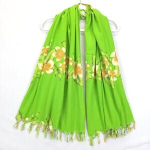 Hawaiian Scarf Wrap Sarong Pink Hibiscus Palm Tree Fringe Green Orange 60x43
